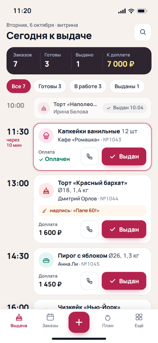 Мобильный экран «Сегодня к выдаче»: заказы по времени, доплаты и кнопка «Выдан»